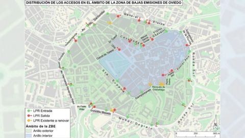 Distribuci�n de los accesos de la Zona de Bajas Emisiones de Oviedo