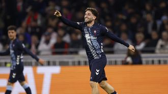 Javi Rueda celebra el gol que inaugur� el electr�nico en el Groupama Stadium.
