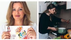 A la izquierda, Paula Dopico con su libro, y a la derecha, preparando una receta