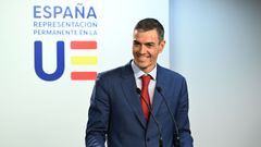 El presidente del Gobierno, Pedro Snchez, en rueda de prensa en Bruselas este jueves.
