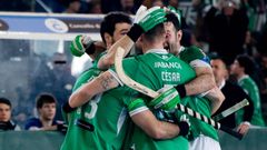 Los jugadores del Liceo celebran un gol en el Palacio de los Deportes de Riazor.