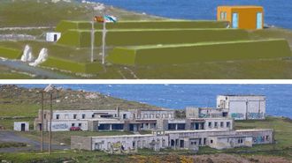 Abajo, estado actual de las instalaciones, y arriba, recreaci&oacute;n del proyecto con tres m&oacute;dulos de alojamientos mimetizados con el paisaje y la zona com&uacute;n al fondo, pintada de amarillo