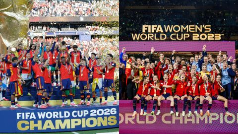 A la izquierda, los jugadores de la selecci�n espa�ola masculina celebran la consecuci�n del Mundial 2026. A la derecha, la selecci�n espa�ola femenina festeja el Mundial 2023.