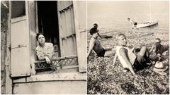 A la izquierda, Autorretrato, Dora Maar asomada a la ventana de su estudio, en una imagen tomada en Pars en torno a 1937. A la derecha, Picasso con amigos en la playa (Francia, 1940).