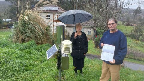 Teresa y Juan Carlos, que porta un cuaderno de su padre, junto al aparato medidor de Casas do Porto