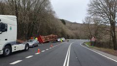 El carril lento de la OU-540 en O Ba�o (Bande), en sentido Portugal, qued� cortado al soltarse el remolque de un cami�n que transportaba madera.