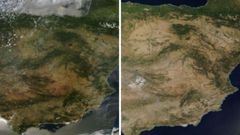 Impacto de las altas temperaturas en el litoral mediterr�neo. La captura de la NASA del 24 de mayo (izquierda) refleja una cobertura vegetal a�n activa en el sur peninsular. En la toma del 15 de julio (derecha), la p�rdida generalizada de humedad ti�e de color pardo los valles y cuencas fluviales, documentando desde el espacio la severidad geogr�fica del calor extremo de este verano.