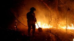 Los bomberos intentan sofocar el incendio que se ha producido hoy en los alrededores de Labares