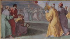 Dionisio Areopagita observando el eclipse de la crucifixi�n, fresco del siglo XVI en la Real Biblioteca del Monasterio de San Lorenzo de El Escorial, obra de Pellegrino Tibaldi.  