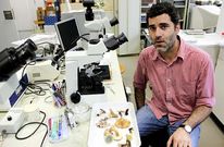 Mart�n, en el laboratorio de la <span lang= gl >Facultade de Biolox�a</span>, donde investiga sobre las setas. 