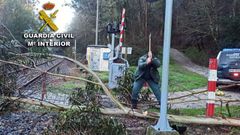 Un guardia civil corta un �rbol que cay� sobre la v�a del tren en el paso a nivel de Portela, en Barro, para retirarlo despu�s