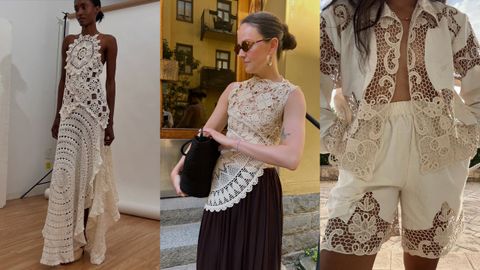 De izquierda a derecha, tres formas de llevar el tapete de casa de las abuelas por:Kettel Atelier,Linda Dekhla yGigi Vintage