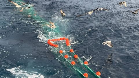 El copo de una red de arrastre de fondo en el momento en el que el barco la recoge