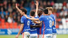 Gol Johannesson Toche Mariga Folch Carlos Hernandez Lugo Real Oviedo Anxo Carro.Toch�, Carlos Hern�ndez, Folch y Mariga celebran el gol de Johannesson