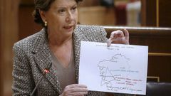 Magdalena lvarez, con un mapa sobre el AVE a Galicia en una sesin del Congreso.