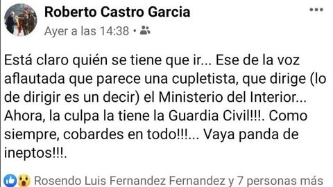 Publicacin en Facebook de Roberto Castro, ex subdelegado del Gobierno en Ourense con el Partido Popular