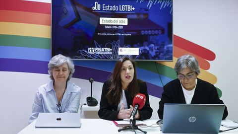 Laura Morales , investigadora del CSIC ; Paula Iglesias, presidenta de FELGTBI+ y Mar�a Rodr�guez, responsable de investigaci�n, formaci�n y calidad de la Felgtbi+, presentan el informe �Estado del odio LGTBI+ 2026�.