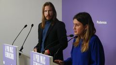 Los portavoces de Unidas Podemos, Pablo Fern�ndez y Alejandra Jacinto, en la rueda de prensa celebrada en la sede del partido