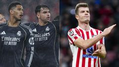 Los jugadores del Real Madrid Jude Bellingham y Ra�l Asencio, ante el Benfica (izquierda), y el delantero del Atl�tico de Madrid Alex Sorloth, frente al Bodo Glimt.