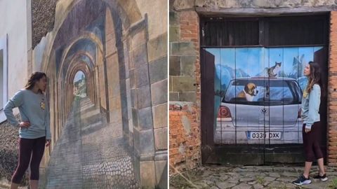 La divulgadora de @corazonsiemprealnorte posa junto a las pinturas murales que se pueden ver en el pueblo riosellano de Vega, obra de un vecino annimo.