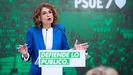 La vicepresidenta primera del Gobierno y candidata del PSOE a las elecciones andaluzas, Mar�a Jes�s Montero, en una rueda de prensa en la sede del partido en Sevilla.