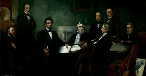 No cadro �Primeira lectura da proclamaci�n da emancipaci�n�, de Francis Bicknell Carpenter, o terceiro pola esquerda � Lincoln