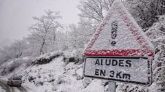 Una se�al de tr�fico cubierta de nieve en la carretera AS-264 de acceso a Sotres (Cabrales)
