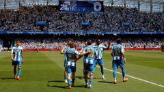 Los jugadores del Deportivo, celebrando el golazo de Mario Soriano ante el Andorra. 