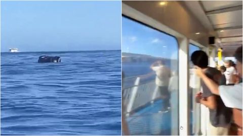 El coche de Mat�as en el agua mientras en el interior del ferry el pasaje asiste at�nito a la escena