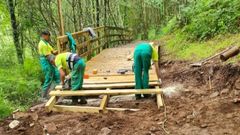 Operarios del Concello de Lugo reparando una de las pasarelas