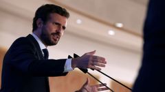 El l�der del PP, Pablo Casado, durante su intervenci�n en el F�rum Europa
