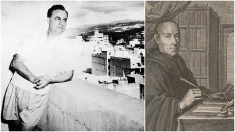 Eduardo Blanco Amor fotografiado en el balc&oacute;n de una casa en Caracas, en el a&ntilde;o 1952. A la derecha, retrato de Benito Jer&oacute;nimo Feijoo realizado por Juan Bernab&eacute; Palomino, que fue publicado como ilustraci&oacute;n de su obra &laquo;Theatro critico universal&raquo; (Blas Rom&aacute;n, Madrid, 1781) y que se conserva en la Biblioteca Nacional de Espa&ntilde;a.