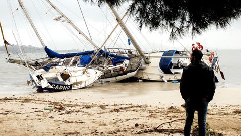 Un hombre mira tres de las embarcaciones varadas en la arena en el Port de Pollena, en Mallorca.