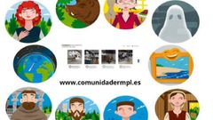 Pantalla de presentaci�n dos xogos de escape que ofrece a rede muse�stica cos personaxes que serven de gu�as das diferentes actividades
