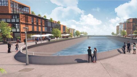 Infografía del desarrollo urbanístico del futuro parque empresarial de Naval Gijón, centrado en la Economía Azul.