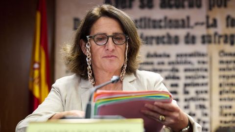 La exministra y comisaria de la Competencia de la Comisión Europea, Teresa Ribera, hojea un bloc con notas en la comisión del Senado sobre el caso Koldo
