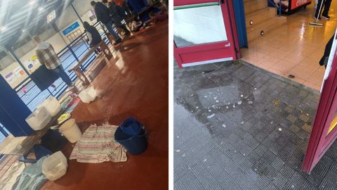 Los cubos para las goteras y las fregonas para achicar el agua son frecuentes en pabellones como el de As Lagoas, desde junio