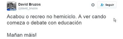 <span lang= es-es >Fotos, insomnio y cr�ticas</span>. Miguel �ngel Viso, del PP, tuite� una foto desde su esca�o mientras esperaba la intervenci�n de Pedro S�nchez, que ten�a la noche anterior a la socialista Roc�o de Frutos sin poder dormir. Mientras, David Bruzos, de En Marea, hablaba tras el discurso del socialista de un �recreo�.