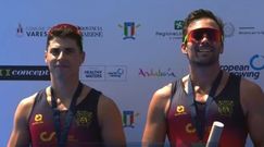 Los remeros gallegos Caetano Horta (izquierda)y Rodrigo Conde,�en el podio tras la regata del Europeo de Varese.