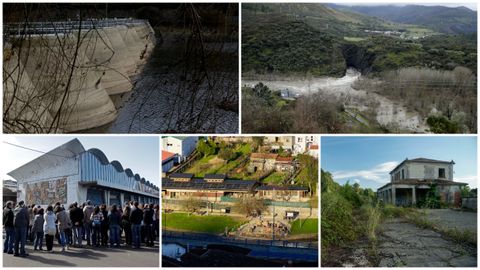 En la parte superior, la presa de Meicende (Arteixo) y el t�nel de Montefurado, en Quiroga; en la parte inferior, la lonja del Gran Sol en A Coru�a, las termas de A Chavasqueira en Ourense y la estaci�n de Bobor�s.