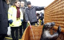 Autoridades, ayer, en Celeiro, con el lobo marino recuperado por Cemma y que ser� liberado. 