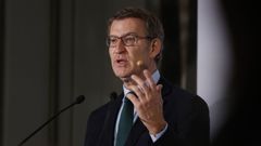 El presidente del PP, Alberto N��ez Feijoo, este martes, durante un desayuno informativo en Madrid.