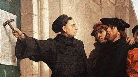 Lutero clava el texto de sus 95 tesis en la puerta de la iglesia de Todos los Santos de Wittenberg. Obra de Ferdinand Pauwels (1872), Wartburg-Stiftung, Eisenach (Alemania)