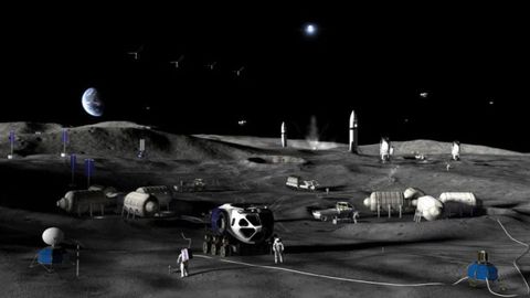 Representaci�n art�stica de astronautas en la base lunar cerca del polo sur de la Luna