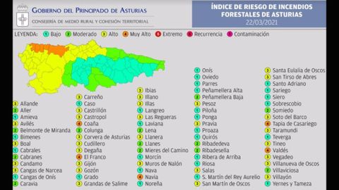 �ndice de riesgo de incendio forestal en Asturias para hoy lunes 22 de marzo