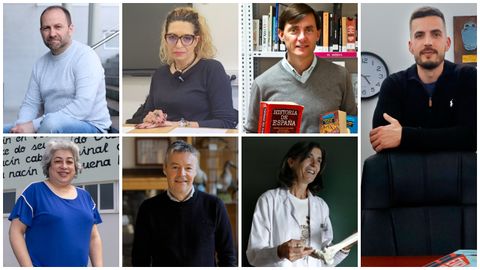 De izquierda a derecha y de arriba a abajo: Jos Manuel Dopazo, profe de Lengua; Susana Vallejo, de Fsica y Qumica; lvaro Rodrguez, de Historia; Xos Manuel Domnguez (en grande), de Filosofa; Manuela Ures, de Matemticas; Francisco Canoura, de Arte; y Marisa Castieira, de Bioloxa