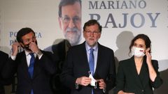 Pablo Casado, l�der del PP, Mariano Rajoy, expresidente del Gobierno, e Isabel D�az Ayuso, presidenta de la Comunidad de Madrid, en la presentaci�n del libro �Pol�tica para adultos� del pol�tico pontevedr�s