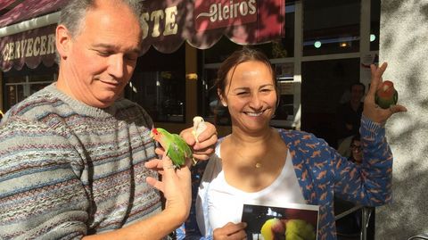 Ral Pin y Norma Das, del bar Pikatoste de Perillo, en Oleiros, con sus loros agapurni