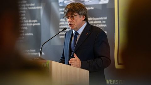 El presidente de Junts, Carles Puigdemont, durante una conferencia en el Liceu Renouvier, en Prada de Conflent, Francia, el pasado 19 de agosto.