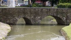 El agua del regato que pasa por el Parque dos Condes, manchada de marrn este sbado por la maana